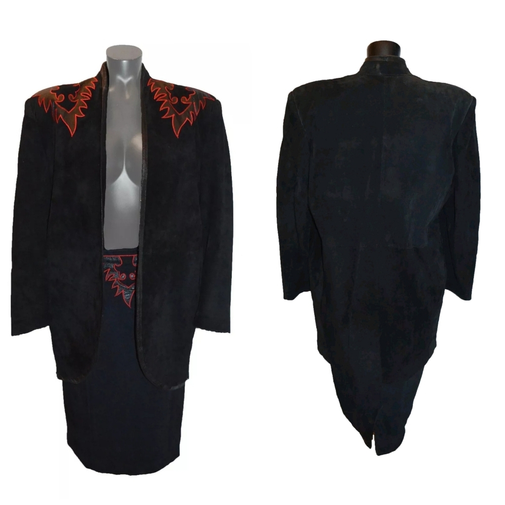 Alamos Brand Vintage 80s Black Suede Red Detail Western Jacket & Skirt Set sz L